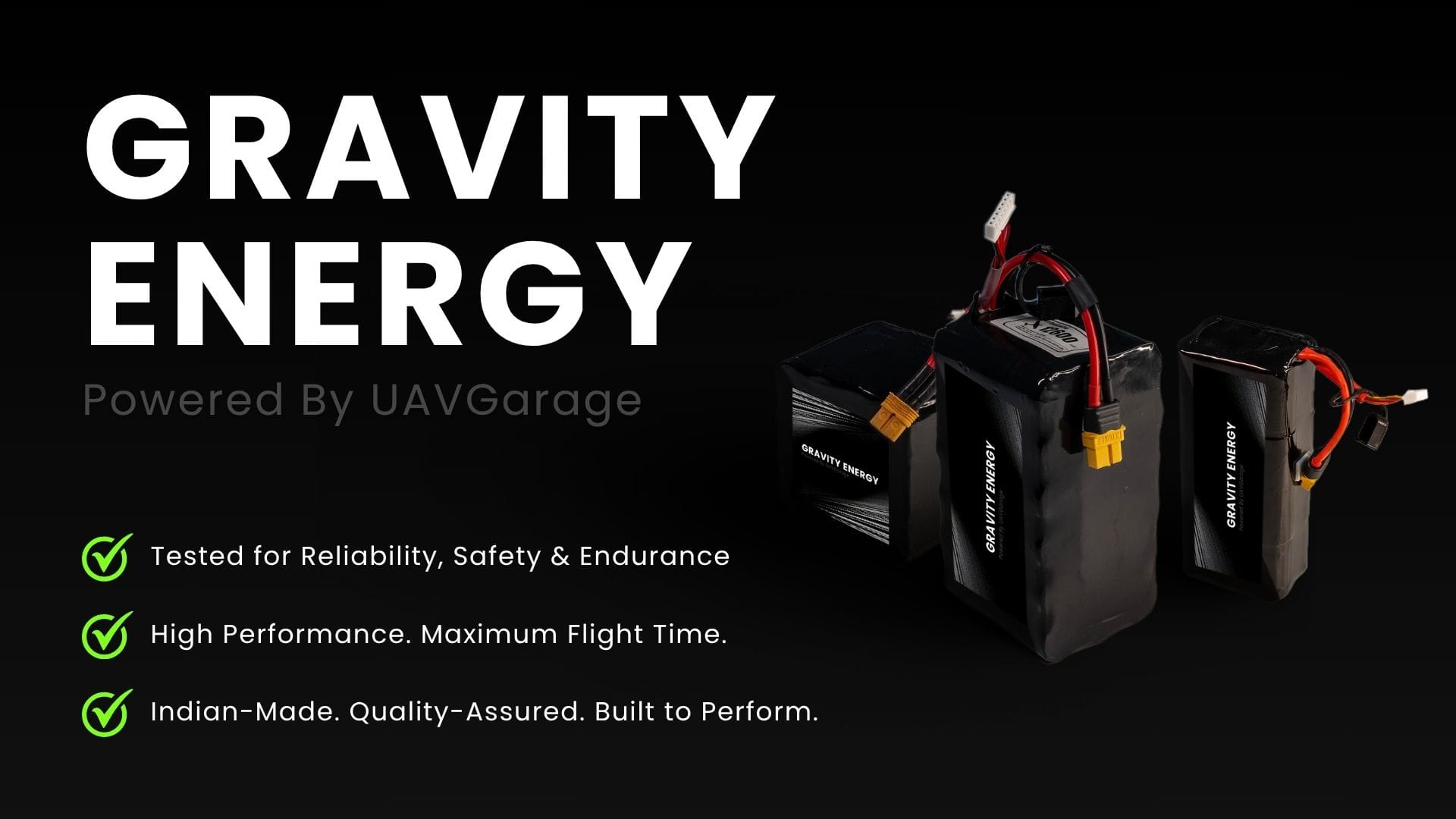 The image showcases Gravity Energy, drone battery introduced by UAVGarage
