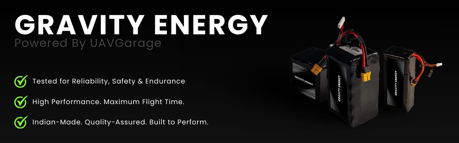 The image showcases Gravity Energy, drone battery introduced by UAVGarage