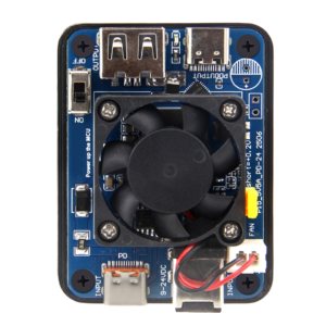 picture showcasing image of Overview Designed specifically for the Raspberry Pi 5, this high-performance 27W power module delivers stable and efficient 5V/5A power through dual input methods and dual output interfaces. It ensures reliable operation for power-intensive applications and includes built-in protection and customization features. Key Features: Dual Input Flexibility: Supports two input methods: USB-C PD Input: Connects to a Power Delivery (PD) adapter for an automatic handshake to request 12V input. DC 5.5x2.1mm Input: Accepts a wide voltage range of 9-15V/9-24V from a standard DC power supply. Use either input method based on your available equipment. High-Current Dual Output: Provides a combined output of over 5A through two convenient ports: USB-C Output USB-A 2.0 Output Perfect for powering your Raspberry Pi 5 and additional peripherals simultaneously. Output Voltage Trimming: Equipped with a trimming jumper. Removing the jumper allows you to raise the output voltage by approximately 0.2V to compensate for voltage drop under high load. Integrated Active Cooling: Includes a standard fan for optimal thermal management. The fan is automatically unnecessary for loads below 3A, ensuring quiet operation during lighter tasks. Enhanced Protection & Mounting: Comes with a standard 3D-printed base for secure tabletop placement and protection of the unit. To compensate for cable voltage drop, a jumper is provided: For the 9-15V version, removing the jumper increases the output voltage by +0.2V. For the 9-24V version, shorting the jumper increases the output voltage by +0.2V. Packing List 1x 5V 5A Dual PD Power Module for Raspberry Pi 5