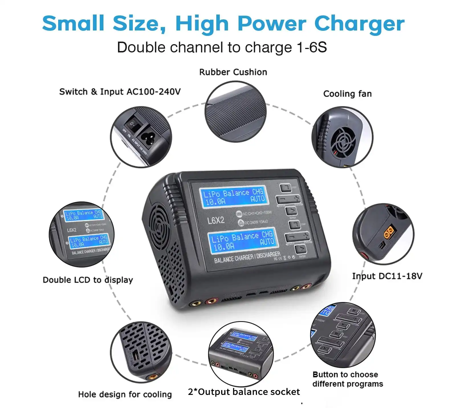 HTRC L6X2 AC 100 240V DC Dual Channel 11-18V Charger 4