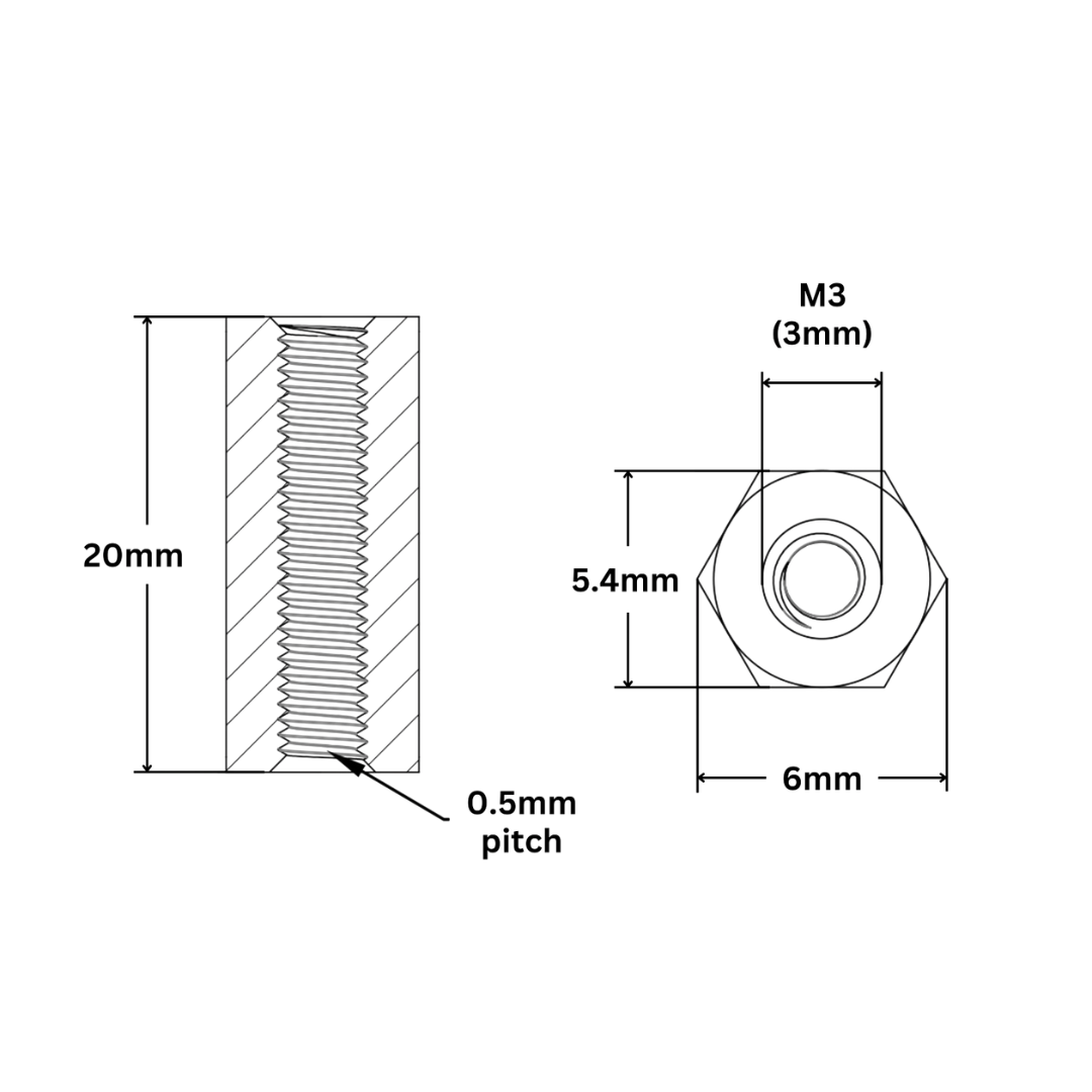 Hex M3 20mm Female to Female Nylon Threaded Standoff Spacer 2 picture showcasing image of Hex M3 20mm Female to Female Nylon Threaded Standoff Spacer
